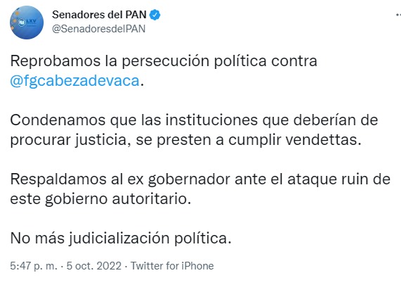 Senadores panistas se solidarizan con ex gobernador de Tamaulipas